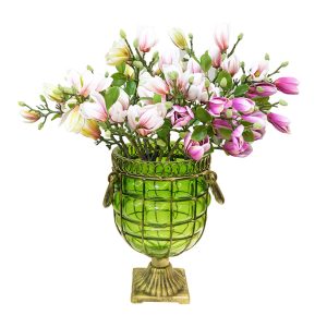 Green Glass Flower Vase with 6 Bunch 4 Heads Artificial Fake Silk Magnolia denudata Home Decor Set