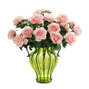 Green Colored Glass Flower Vase with 4 Bunch 9 Heads Artificial Fake Silk Rose Home Decor Set
