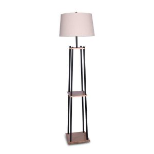 Metal Etagere Floor Lamp with Wood shelf & Cream Linen Fabric Shade