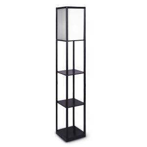 Etagere Floor Lamp Shelves in Black Frame with Brown Fabric Shade