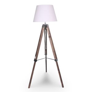 Solid Wood Tripod Floor Lamp Adjustable Height White Linen Taper Shade