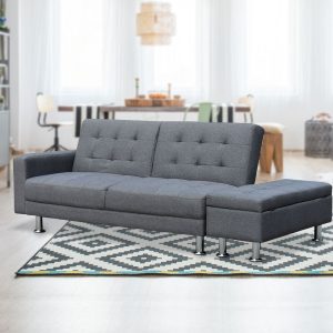 Heckmondwike 3 Seater Linen Sofa Bed Couch with Storage Ottoman - Grey