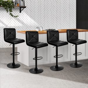 4x Bar Stools Gas Lift Leather Chair Black