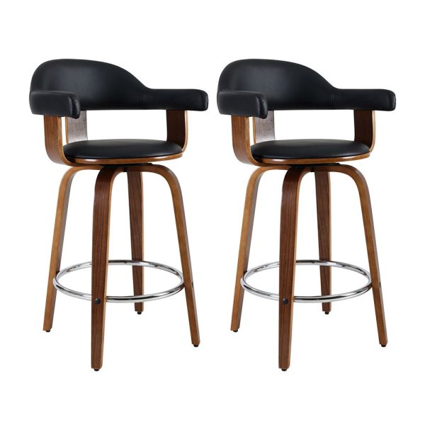 Set of 2 Bar Stools PU Leather Wooden Swivel – Wood, Chrome and Black