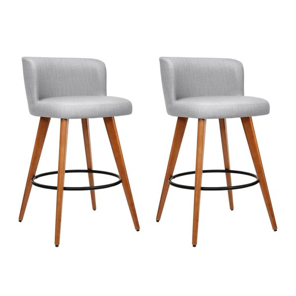 Set of 2 Wooden Fabric Bar Stools Circular Footrest – Light Grey