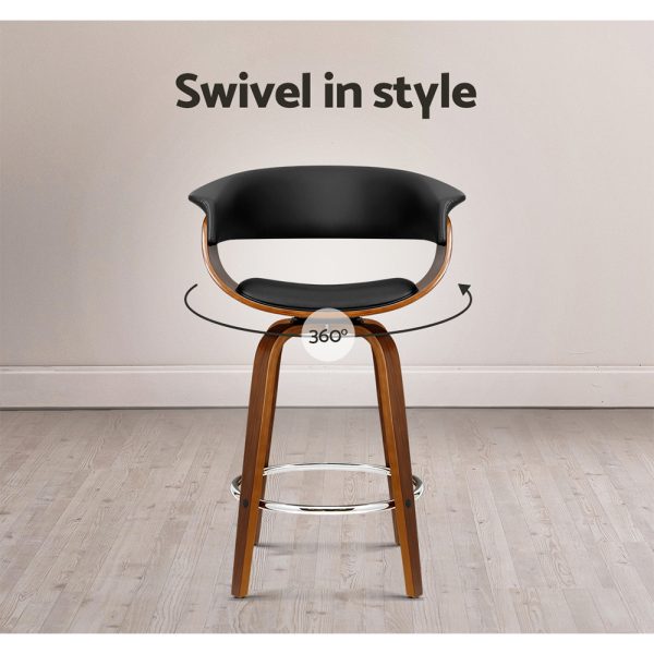 Set of 4 Swivel PU Leather Bar Stool – Wood and Black