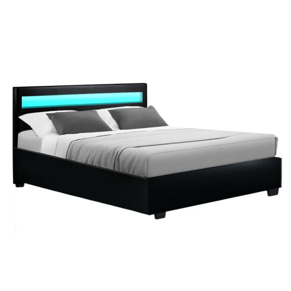 Cole LED Bed Frame PU Leather Gas Lift Storage – Black Double