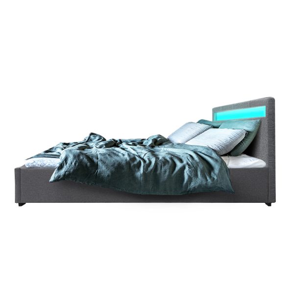 Cole LED Bed Frame Fabric Gas Lift Storage – Grey Queen