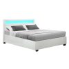 Cole LED Bed Frame PU Leather Gas Lift Storage – White Queen