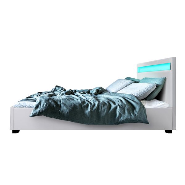 Cole LED Bed Frame PU Leather Gas Lift Storage – White Queen