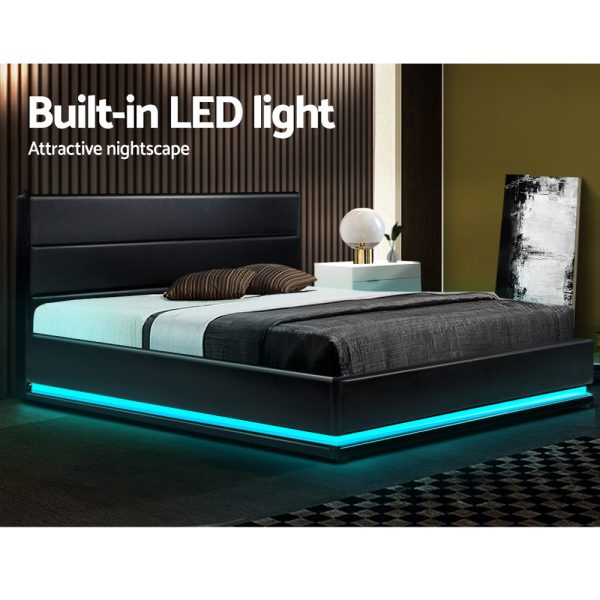 Lumi LED Bed Frame PU Leather Gas Lift Storage – Black King