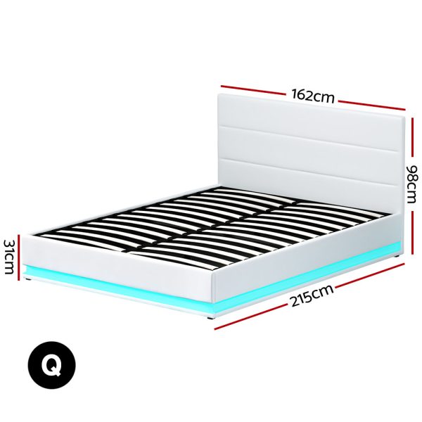 Artiss Lumi LED Bed Frame PU Leather Gas Lift Storage – White Queen
