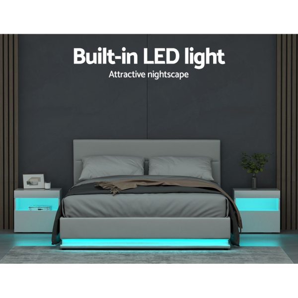 Artiss Lumi LED Bed Frame PU Leather Gas Lift Storage – White Queen
