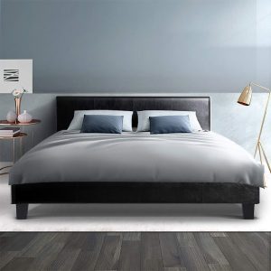Nurom Bed Frame Double Size Base Mattress Platform Leather Wooden Black NEO
