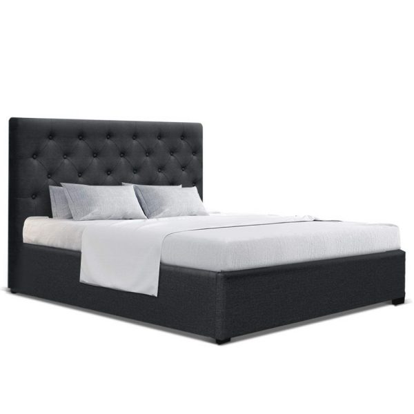 Bed Frame Double Size Gas Lift Base With Storage Charcoal Fabric Vila Collection