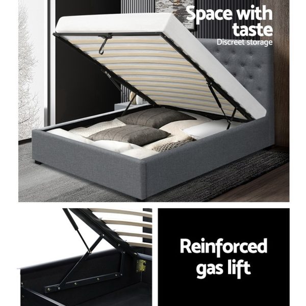 Vila Bed Frame Fabric Gas Lift Storage – Grey King Single