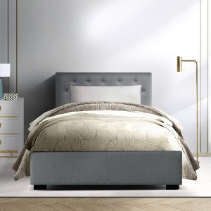 Glenroy Vila Bed Frame Fabric Gas Lift Storage - Grey King Single