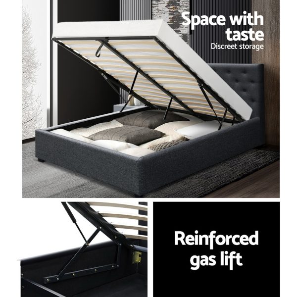 Vila Bed Frame Fabric Gas Lift Storage – Charcoal Queen