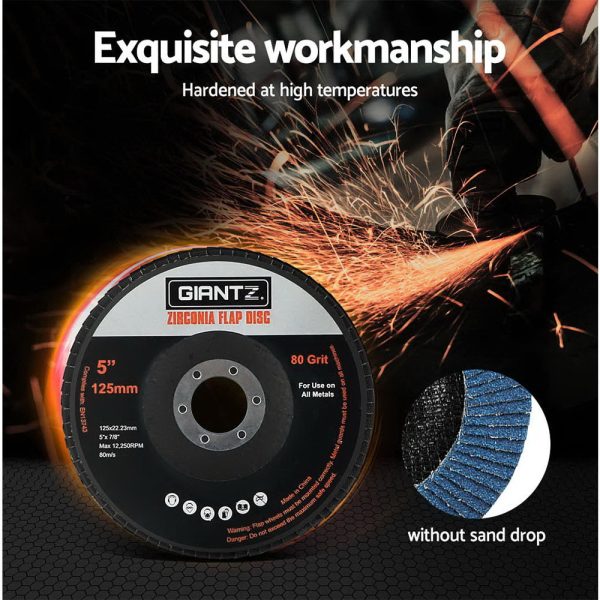 Giantz 100 PCS Zirconia Sanding Flap Disc 5’’125mm 80Grit Angle Grinding Wheel