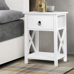 Bedside Table 1 Drawer with Shelf x2 - EMMA White