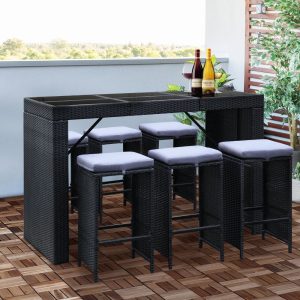 7-Piece Outdoor Bar Set Dining Table Stools Wicker Patio Setting