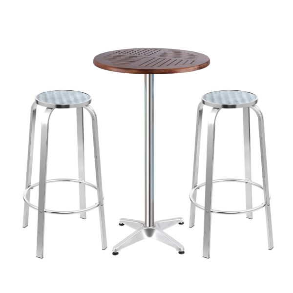 Outdoor Bistro Set Bar Table Stools Adjustable Aluminium Cafe 3PC Wood