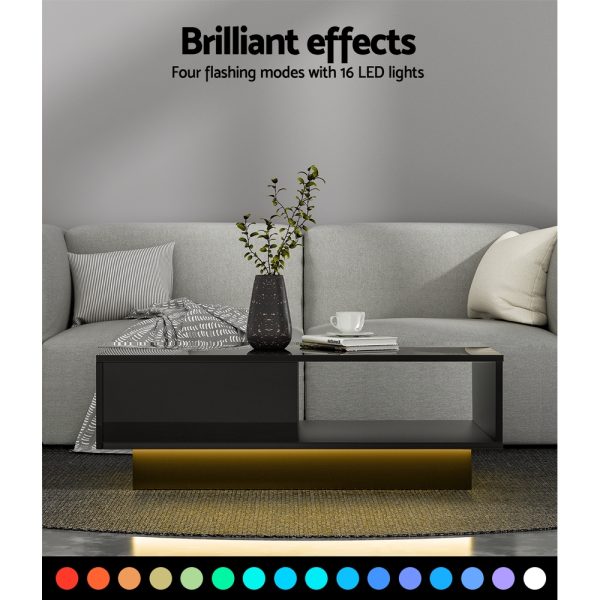 Coffee Table LED Lights High Gloss Storage Drawer Modern Furniture Black