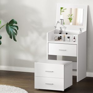 2-in-1 Dressing Table Stool Set Bedside Table White