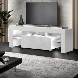 Eaton 130cm RGB LED TV Stand Cabinet Entertainment Unit Gloss Furniture Drawer Tempered Glass Shelf White