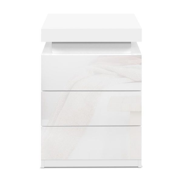 Bedside Tables Side Table 3 Drawers RGB LED High Gloss Nightstand White