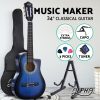 34″ Inch Guitar Classical Acoustic Cutaway Wooden Ideal Kids Gift Children 1/2 Size Blue with Capo Tuner