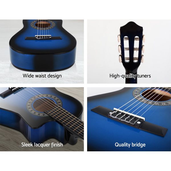 34″ Inch Guitar Classical Acoustic Cutaway Wooden Ideal Kids Gift Children 1/2 Size Blue with Capo Tuner
