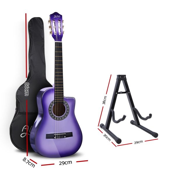 34″ Inch Guitar Classical Acoustic Cutaway Wooden Ideal Kids Gift Children 1/2 Size Purple with Capo Tuner