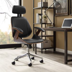 Wooden Office Chair Leather Seat Black
