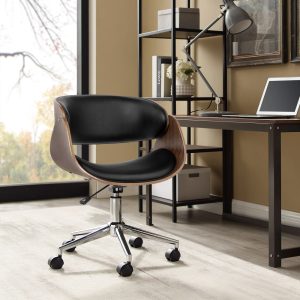 Wooden Office Chair Leather Seat Black