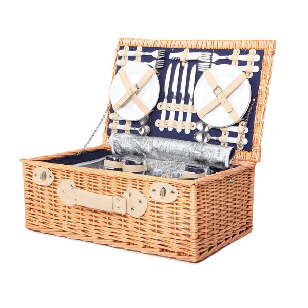 4 Person Picnic Basket Wicker Set Baskets Outdoor Insulated Blanket Navy