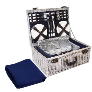 6 Person Picnic Basket Set Cooler Bag Insulated Blanket Plates Navy