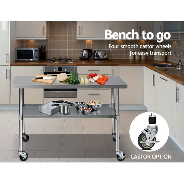 304 Stainless Steel Kitchen Benches Work Bench Food Prep Table with Wheels 1219MM x 610MM