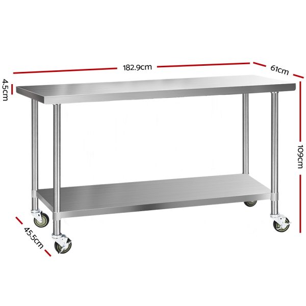 304 Stainless Steel Kitchen Benches Work Bench Food Prep Table with Wheels 1829MM x 610MM