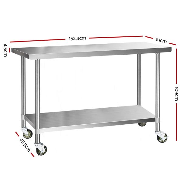 430 Stainless Steel Kitchen Benches Work Bench Food Prep Table with Wheels 1524MM x 610MM