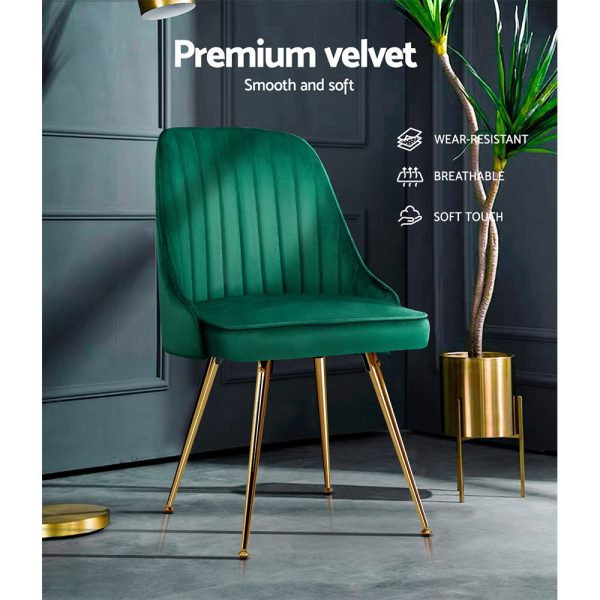 Set of 2 Dining Chairs Retro Chair Cafe Kitchen Modern Metal Legs Velvet Green