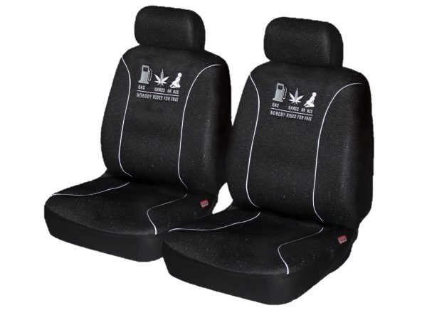Universal 60/25 Airbag Front Seat Cover Nobody Rides For Free – White
