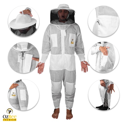 OZBee Premium Full Suit 3 Layer Mesh Ultra Cool Ventilated Round Head Beekeeping Protective Gear Size  4XL