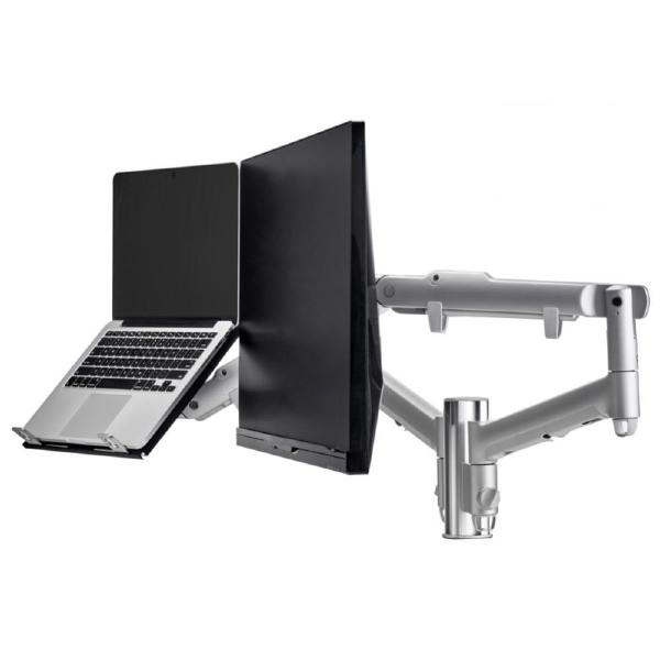 Atdec AWM Dual Arm Solution – Dynamic Arms  – 135mm post – F Clamp – Silver w/ Notebook Tray