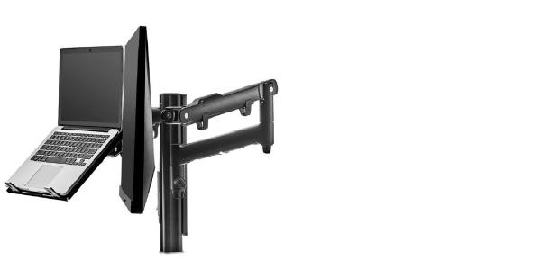 Atdec AWM Dual monitor arm solution – dynamic arms  – 135mm post – bolt – black with a note book tray