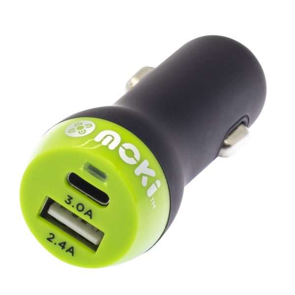 MOKI Car Charger + (Type-C + USB) 3.0 RapidCharge – Black