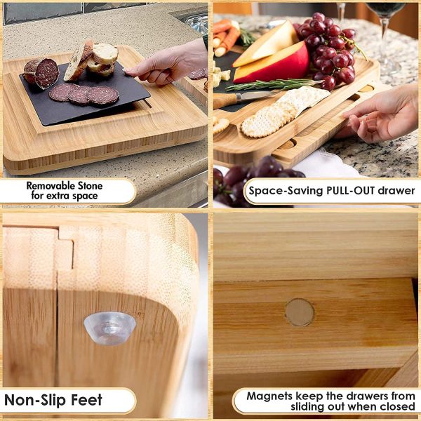 Bamboo Cheese Board Set with Knife Set with 4 Stainless Steel Knife & Thick Wooden tray for Wine Crackers, Brie and Meat