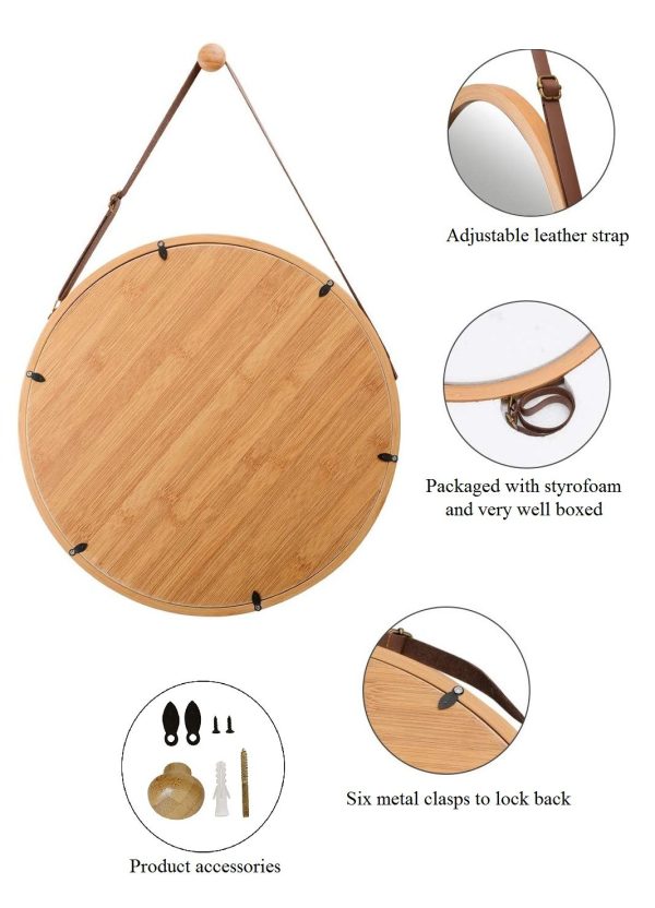 Hanging Round Wall Mirror 38 cm – Solid Bamboo Frame and Adjustable Leather Strap for Bathroom and Bedroom