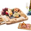 Bamboo Cheese Board and Knife Set with Cutlery including Slate Rock Tray, 4 Stainless Steel Knife & Thick Wooden tray