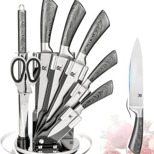 Kitchen Knife Block Set 8 Stainless Steel Knives with Wooden Color Handle